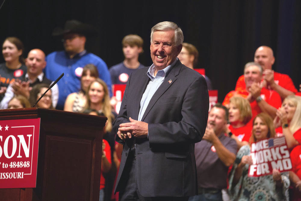 IT’S OFFICIAL
Missouri Gov. Mike Parson makes his 2020 gubernatorial bid official Sept. 8 during an announcement event at Bolivar High School in his hometown. The Republican, who took over last year after Eric Greitens resigned, said Missouri has added over 35,000 jobs during his tenure, citing in-state investments by Bayer AG, CVS Health, Nucor Corp. and others. In August, Democrat Nicole Galloway, the current state auditor, announced her candidacy for the governor’s office.